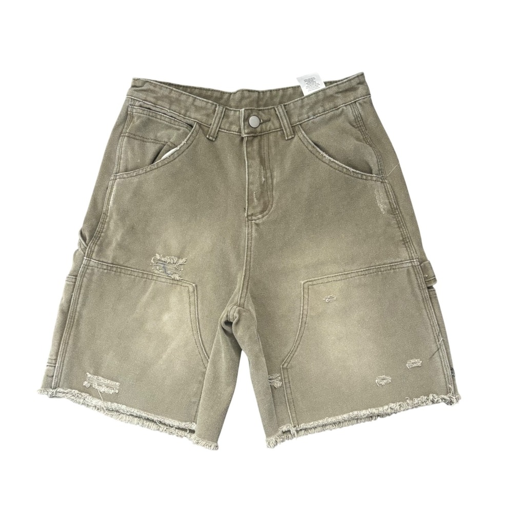 Aelfric Eden Mens 30 Distressed Carpenter Shorts Olive Green Canvas Raw Hem